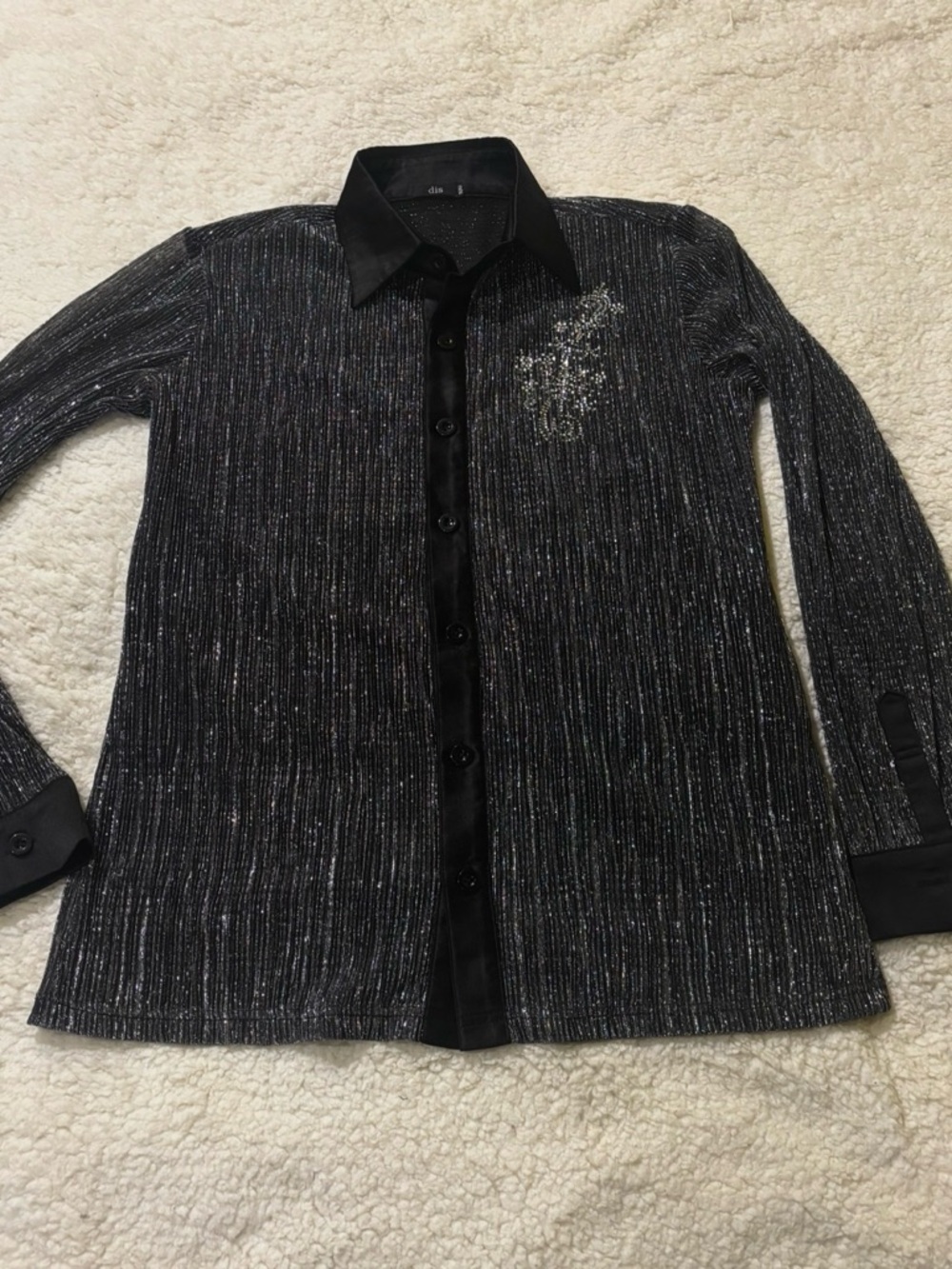 Black Shimmery Button-Up Shirt with Embellishment2126
